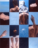 Painting composed of 16 panels organised like a game of a diver, with body fragments sea and rocks